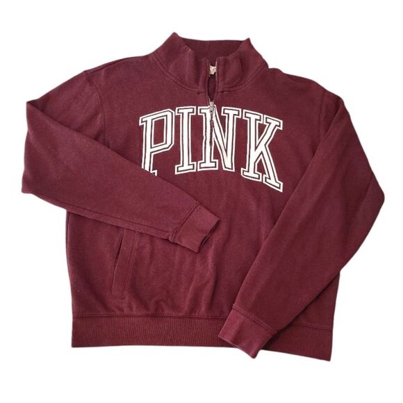 PINK Victoria's Secret Tops - PINK VS 2014 Maroon Red White Logo Quarter Zip Pullover Sweatshirt Medium